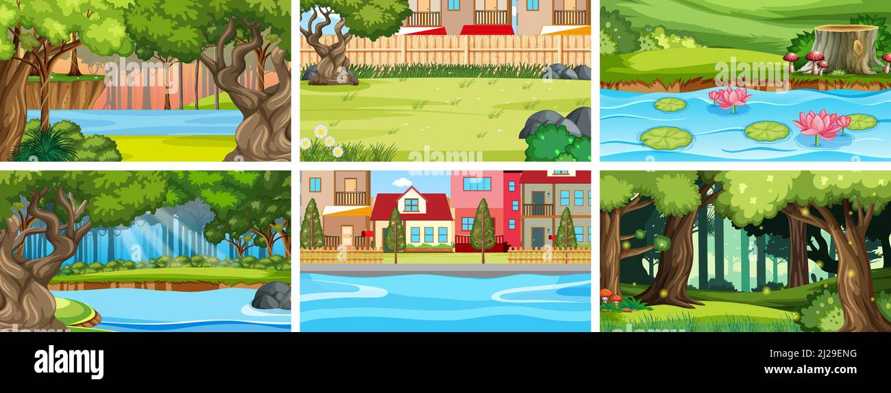 Nature scene with many trees and houses illustration Stock Vector Image ...