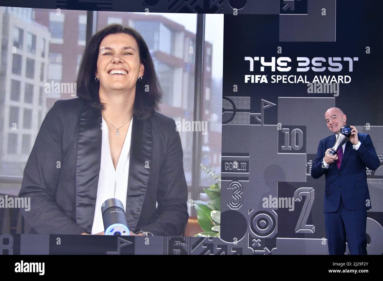 ZURICH, SWITZERLAND - JANUARY 17: FIFA President Gianni Infantino presents the FIFA Special Best Women's award to Christine Sinclair during the Best FIFA Football Awards 2021 on January 17, 2022 in Zurich, Switzerland.    EDITORIAL ONLY!   (Photo by Harold Cunningham/FIFA/via Kolvenbach) Stock Photo