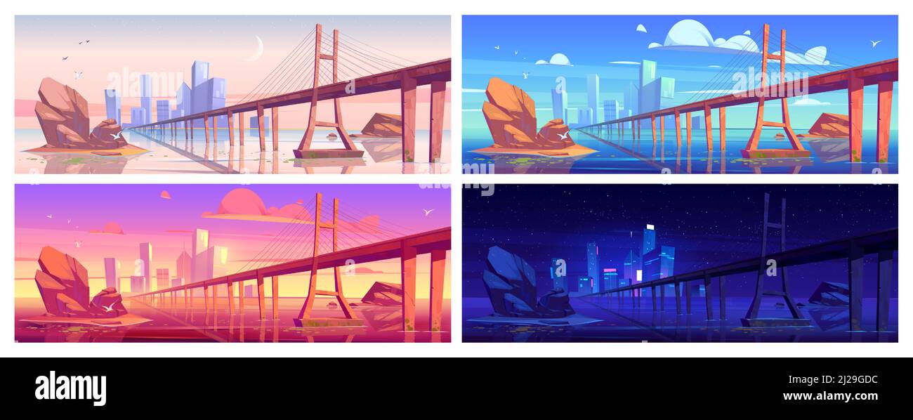 Lake landscape with bridge and city on skyline at different time of day. Vector cartoon illustrations of river, island with town, and overpass highway in early morning, noon, sunset, and night Stock Vector