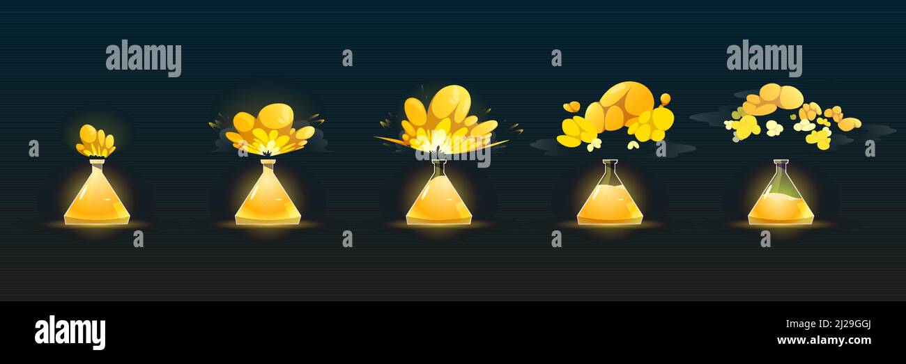 Stages of chemical reaction in lab flask, science experiment with yellow fluid. Vector cartoon illustration of sprite sheet of explosion of liquid reagent in beaker and smoke clouds Stock Vector