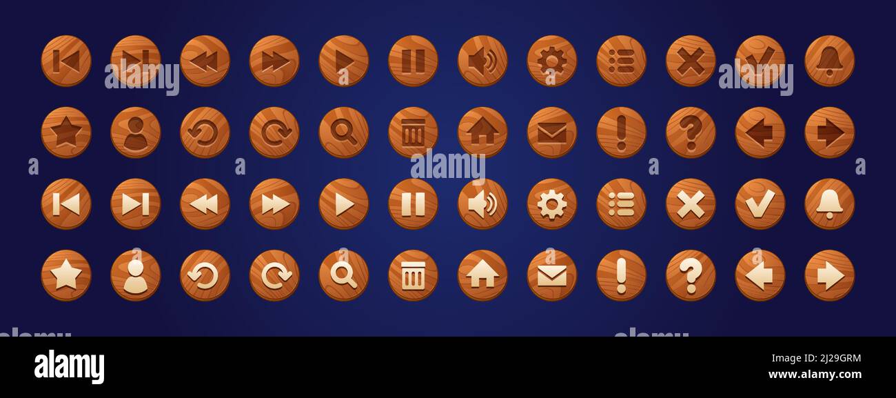 Wooden web buttons, round icons for game interface. Vector cartoon set ...
