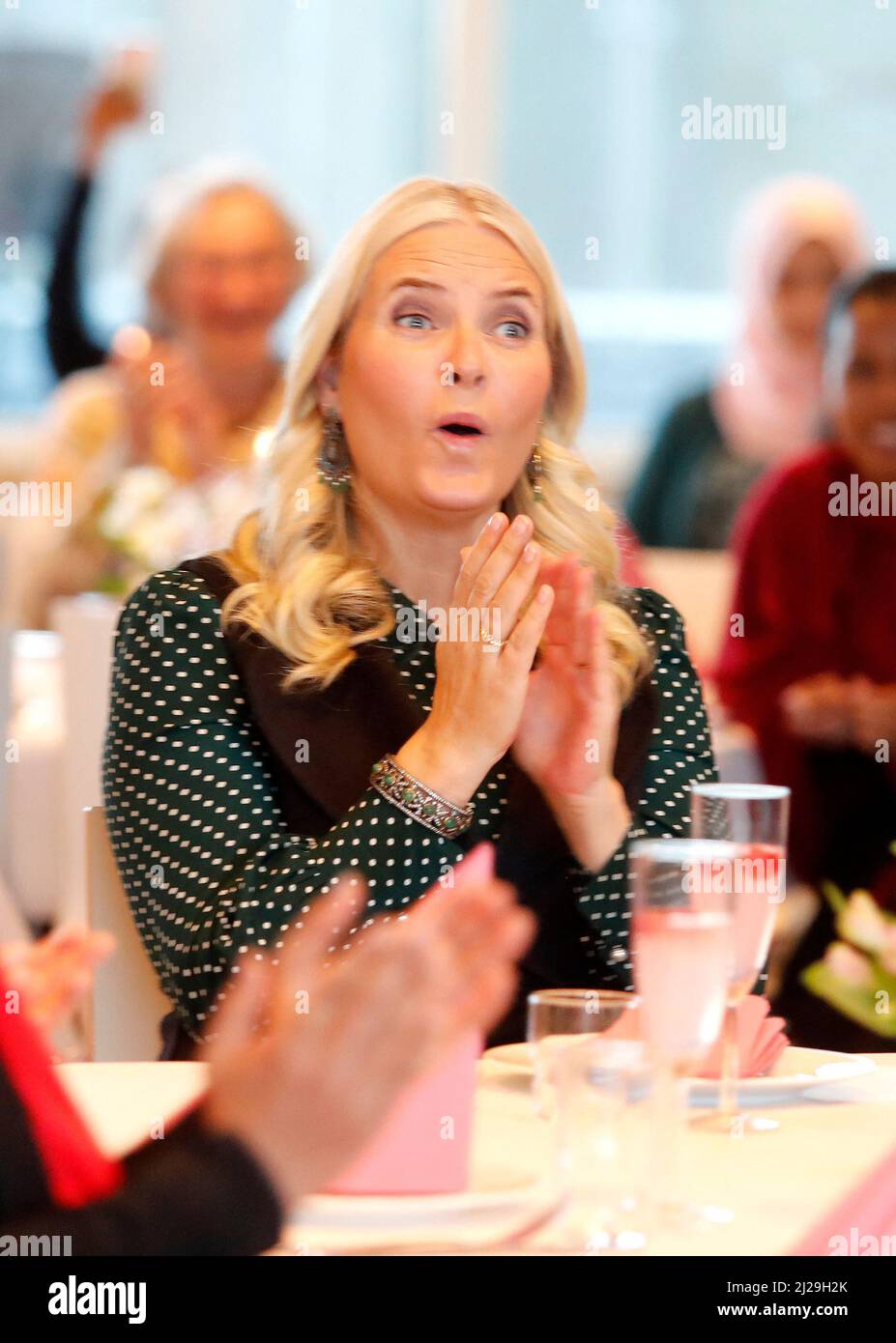 Crown Princess Mette-Marit of Norway attends a diploma ceremony for city mothers at Bydel Vestre Aker on March 30, 2022 in Oslo, Norway. Photo by Marius Gulliksrud/Stella Pictures/ABACAPRESS.COM Stock Photo