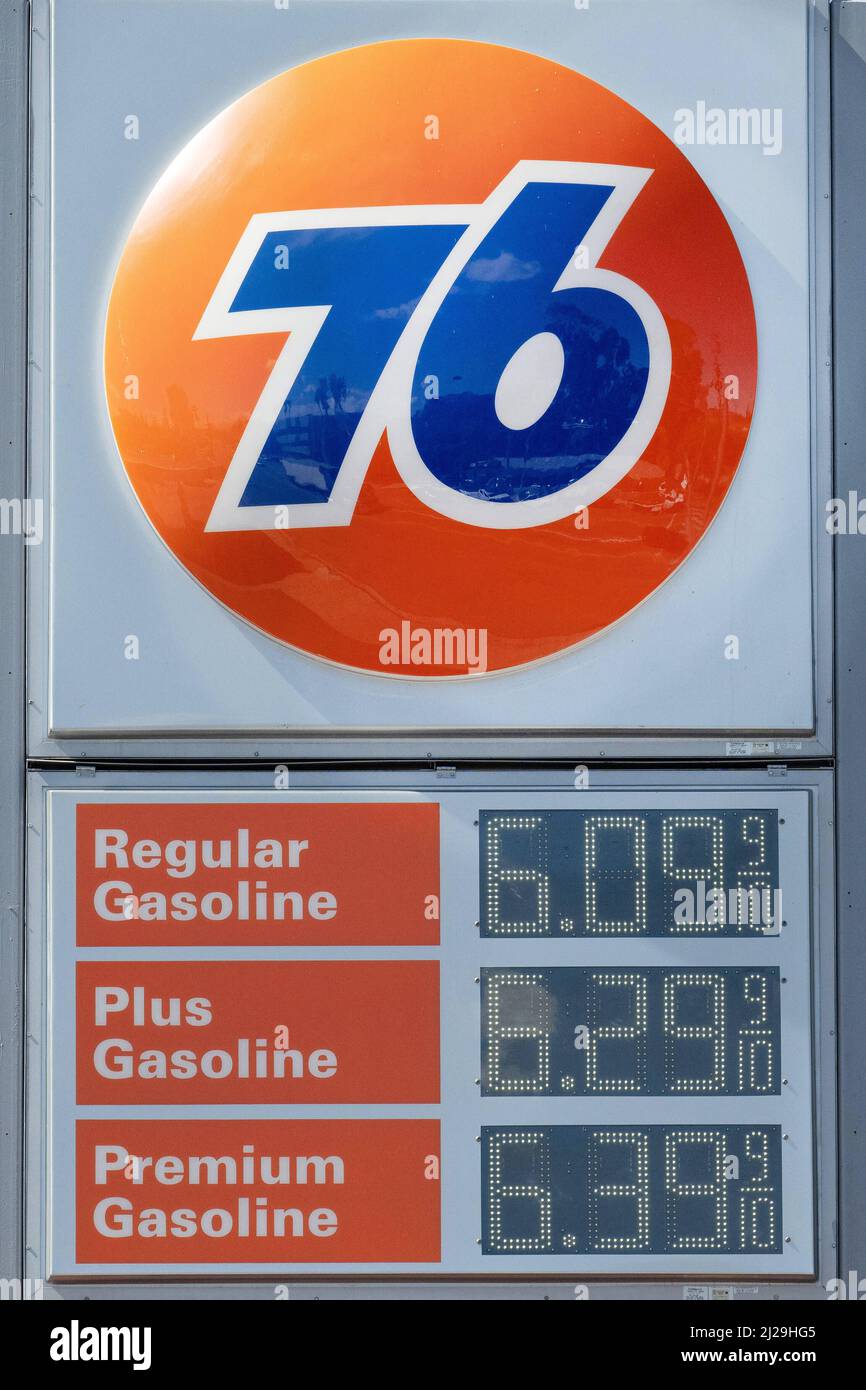 A shop sign of 76, on March 28 2022 in Los Angeles CA, USA. Photo by ...