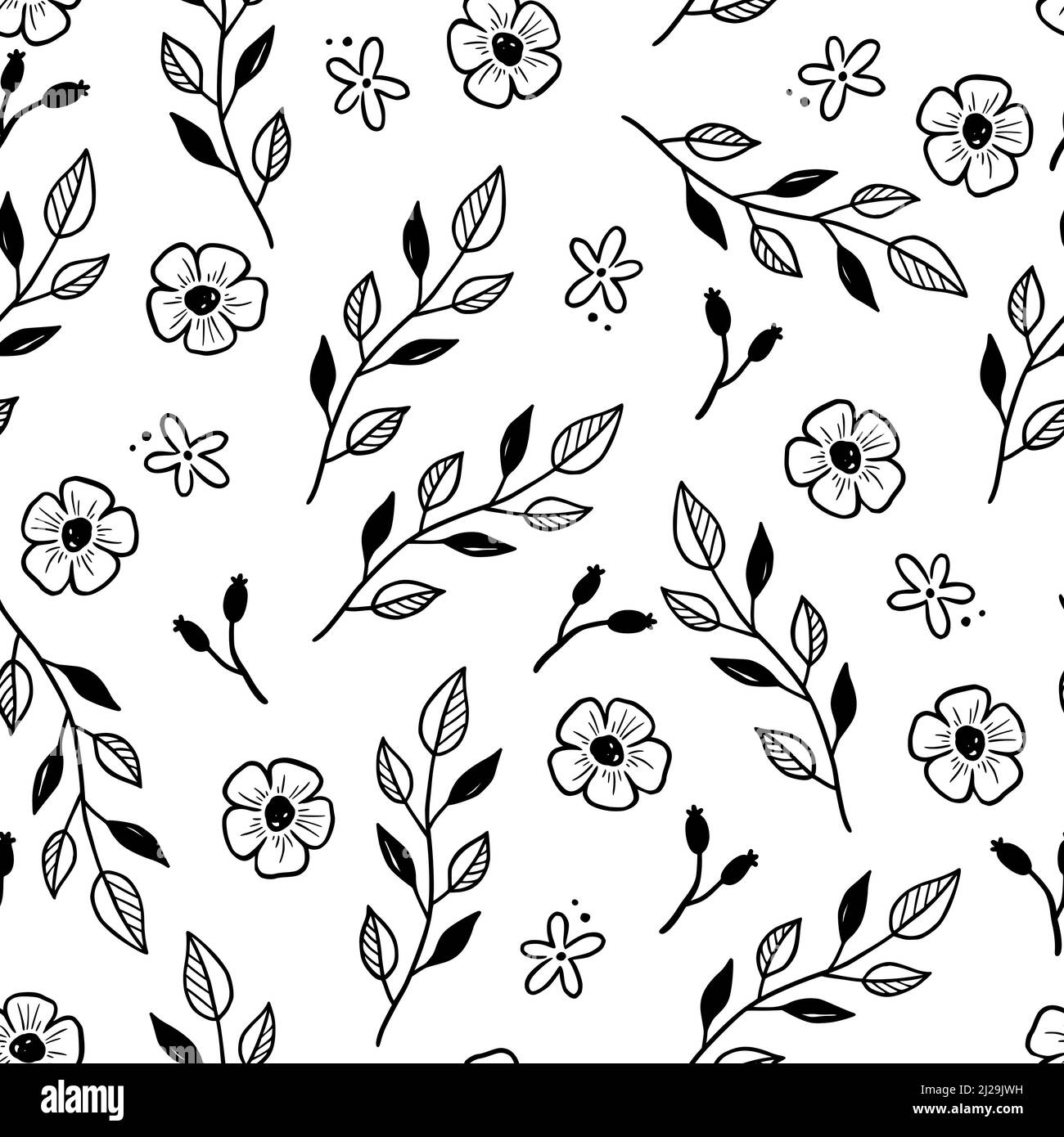 Hand drawn leaf, flower seamless pattern. Doodle simple froral style