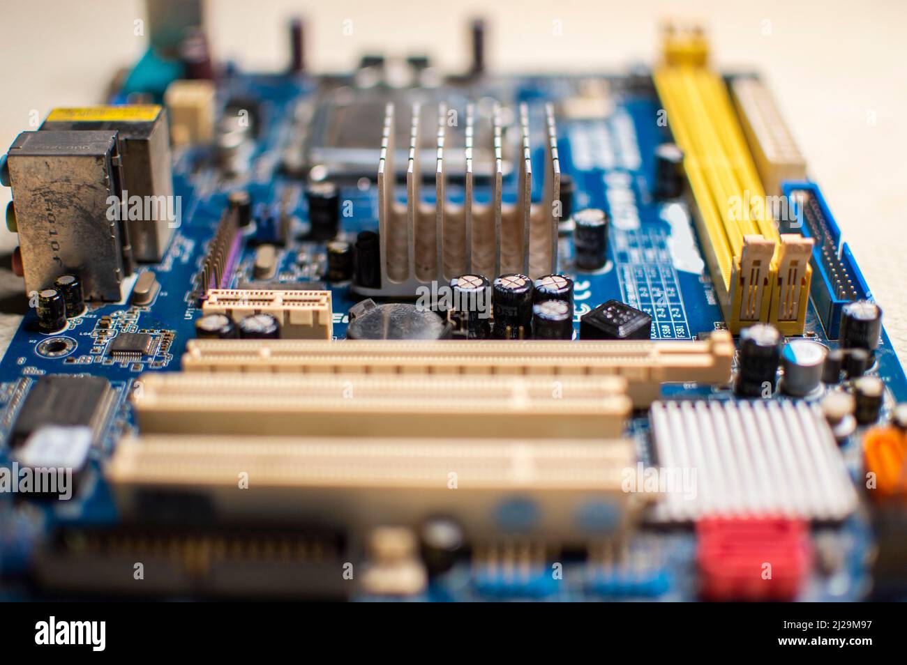 Close up of a computer motherboard, details of motherboard sockets