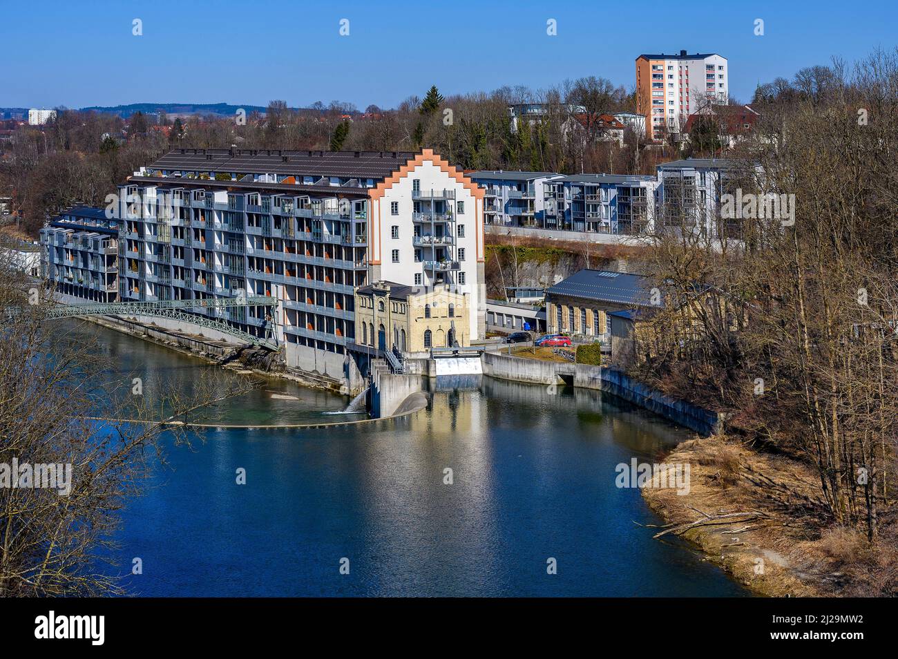 Old renovated spinning mill and new buildings on the Iller, Kempten