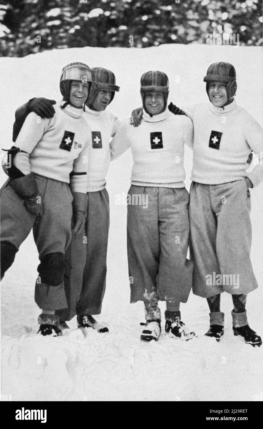 Bobsleigh, Reto Capadrutt, Switzerland, with the team of the Swiss Bobsleigh, Switzerland I, second in the four-man bobsleigh race, silver medal Stock Photo