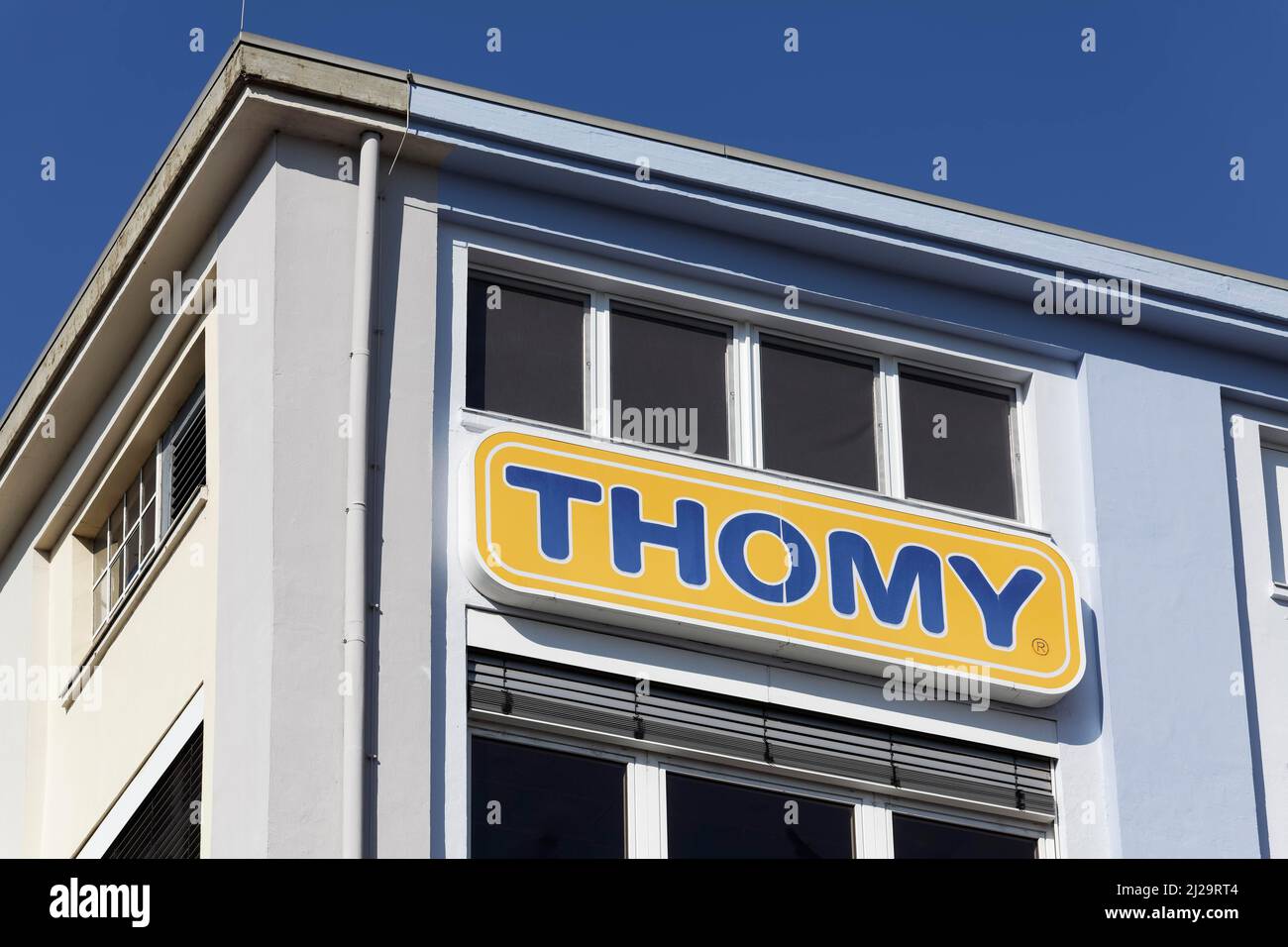 Thomy, logo at the factory for delicatessen products, Nestle Deutschland AG, Neuss, North Rhine-Westphalia, Germany Stock Photo