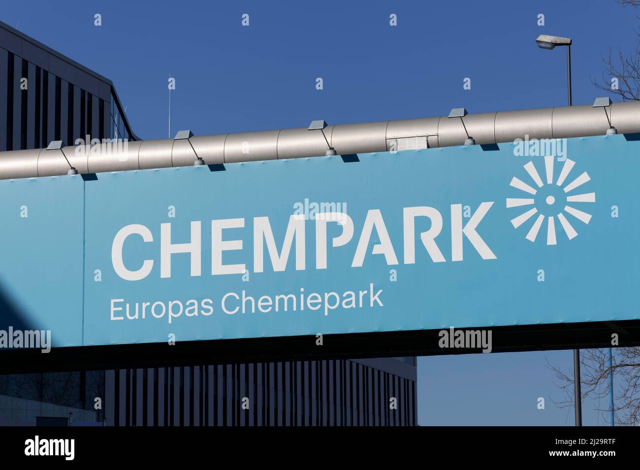 Logo Chempark, Leverkusen Chemical Park, chemical production site, formerly Bayerwerk, North Rhine-Westphalia, Germany Stock Photo