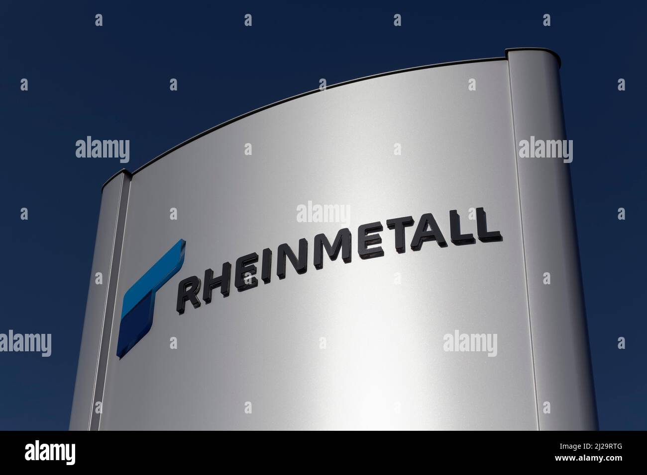 Rheinmetall, logo at Pierburg's Niederrhein plant, Rheinmetall Automotive AG, automotive supplier, Neuss, North Rhine-Westphalia, Germany Stock Photo