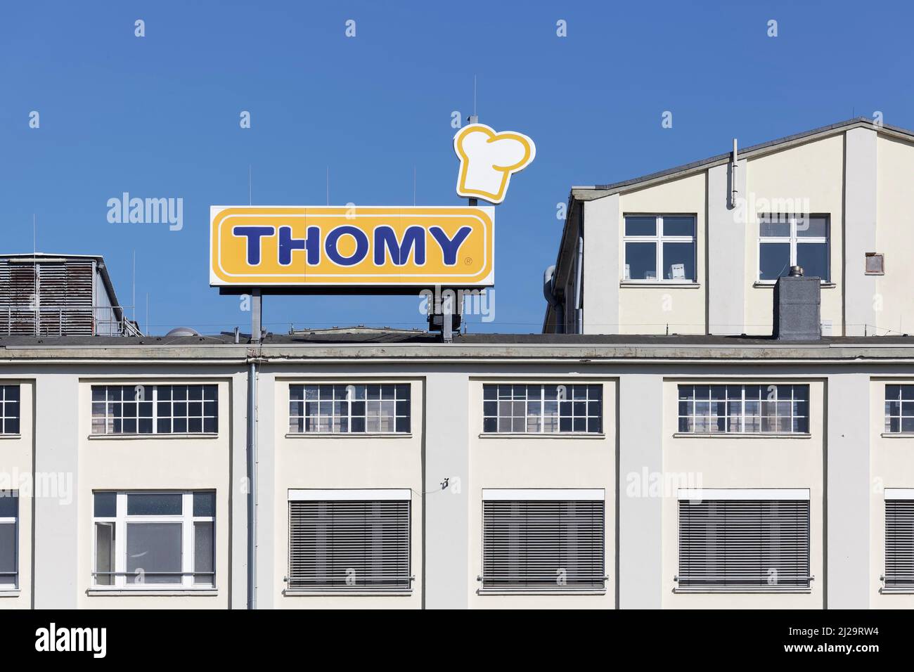 Thomy factory for delicatessen products, logo with chef's hat, Nestle Deutschland AG, Neuss, North Rhine-Westphalia, Germany Stock Photo