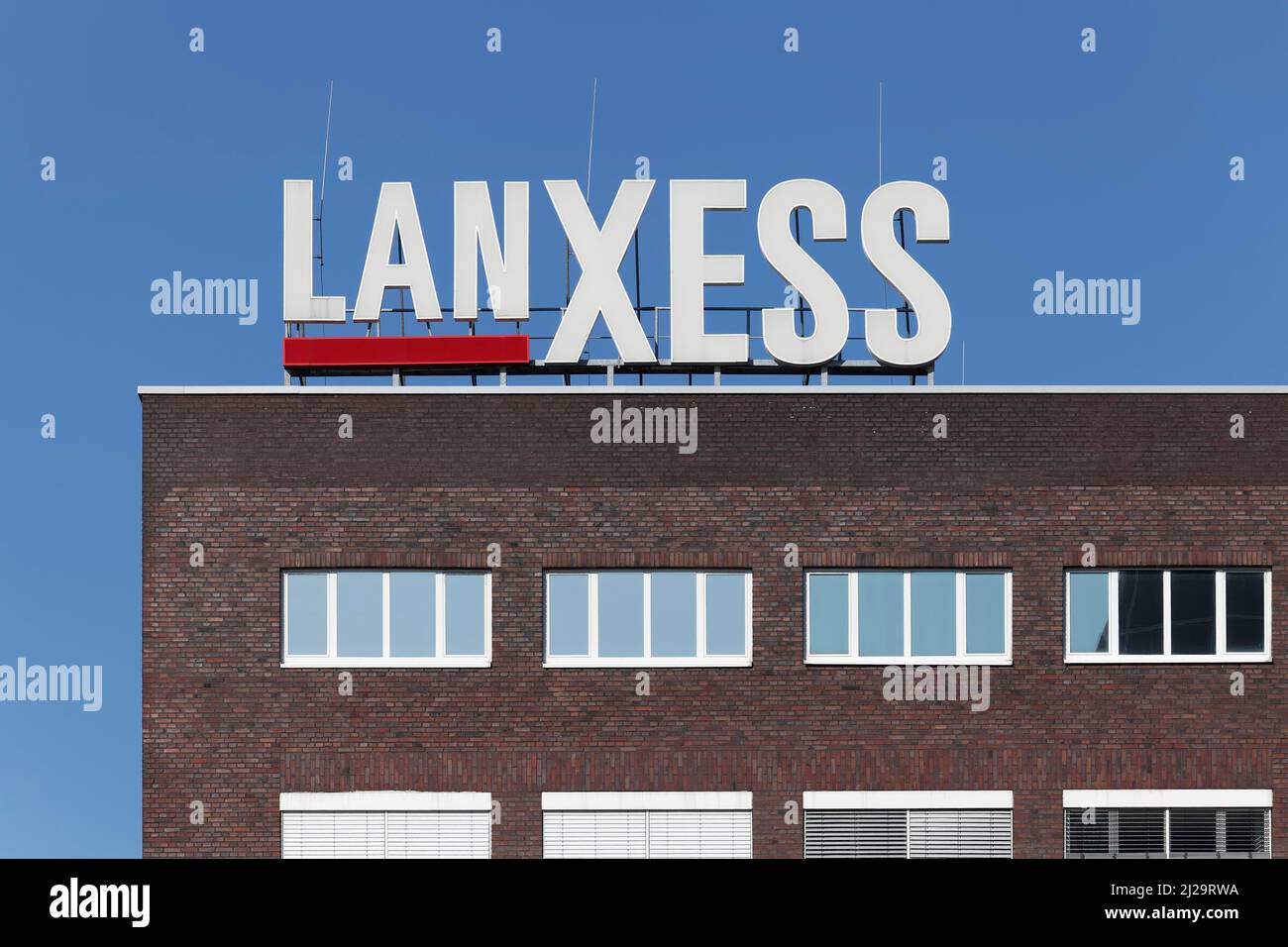Lanxess, logo on the former corporate headquarters, chemical company, Chempark Leverkusen, North Rhine-Westphalia, Germany Stock Photo