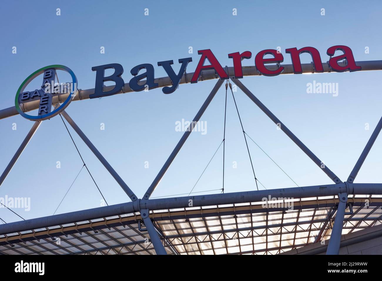 BayArena, logo on the Bayer 04 Leverkusen football stadium, North Rhine-Westphalia, Germany Stock Photo