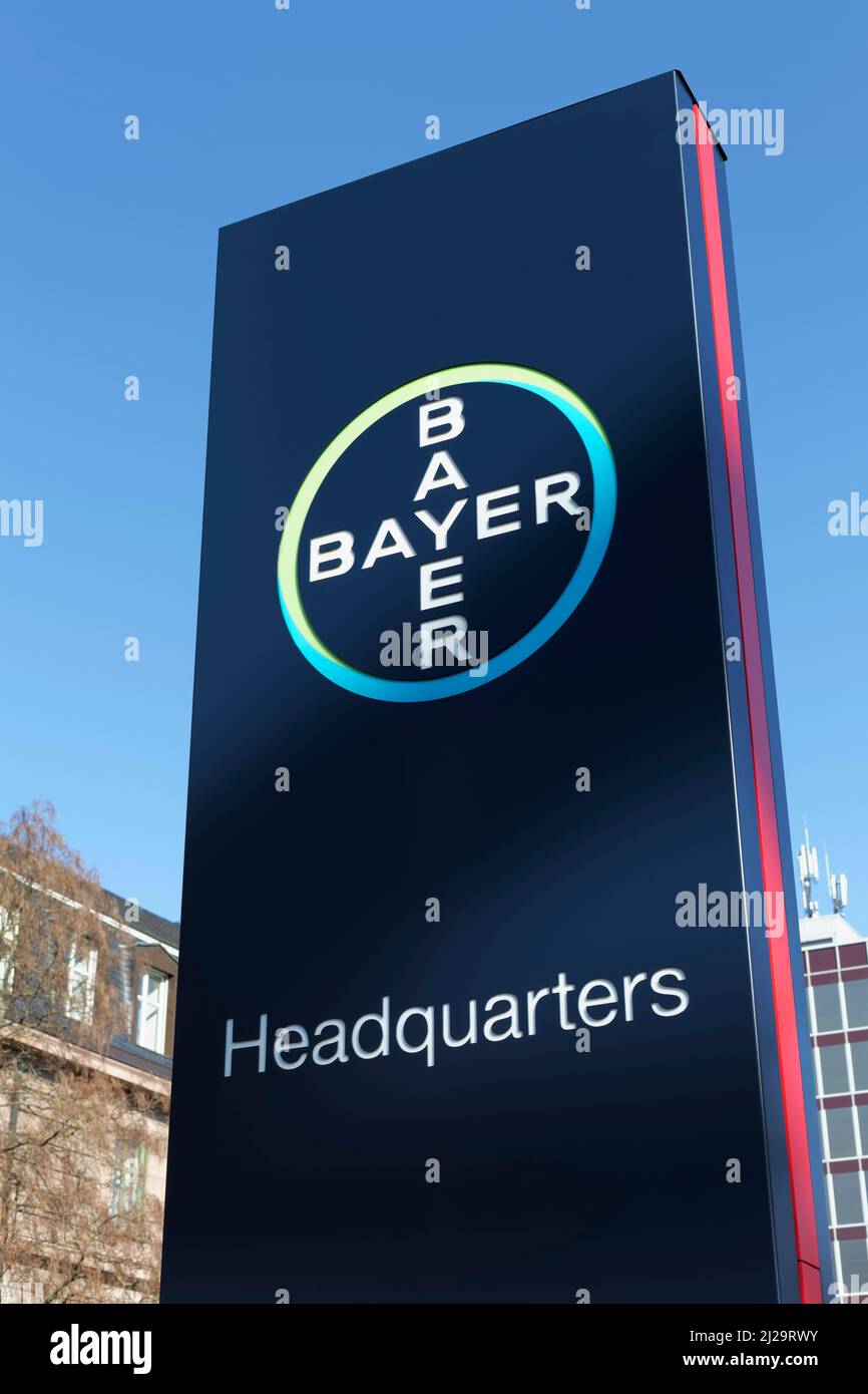 Bayer AG, logo in front of the company headquarters, pharmaceutical company, Chempark Leverkusen, North Rhine-Westphalia, Germany Stock Photo
