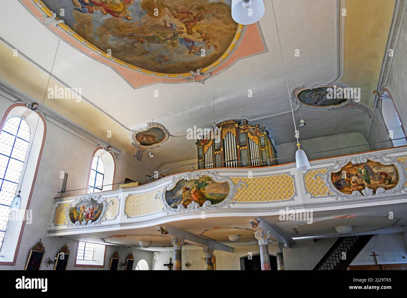 Organ loft, St. Afra Catholic Parish Church, Betzigau, Allgaeu, Bavaria, Germany Stock Photo