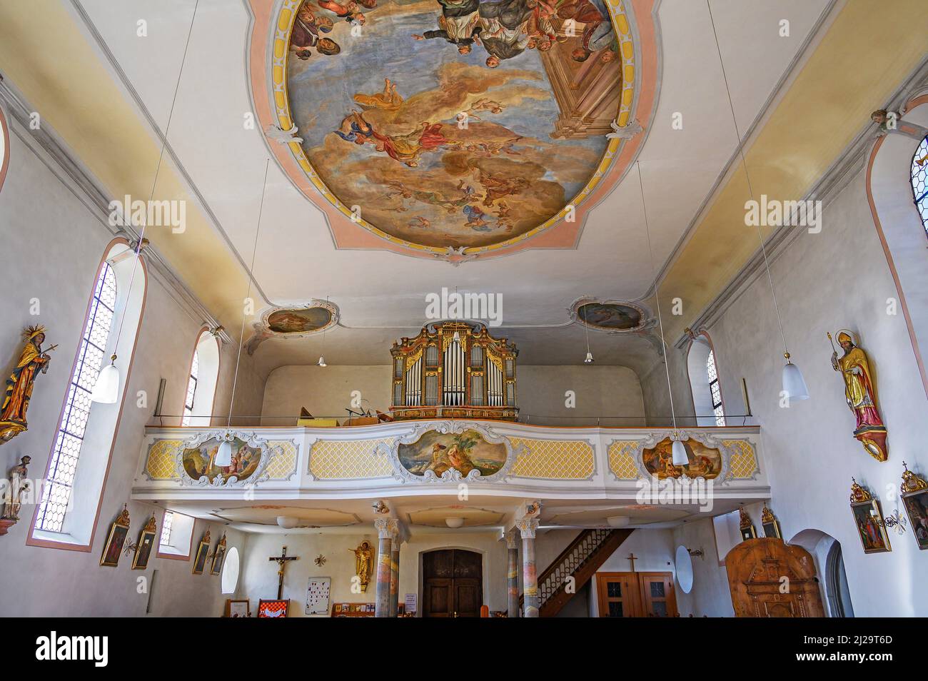 Organ gallery and ceiling frescoes, St. Afra Catholic Parish Church, Betzigau, Allgaeu, Bavaria, Germany Stock Photo