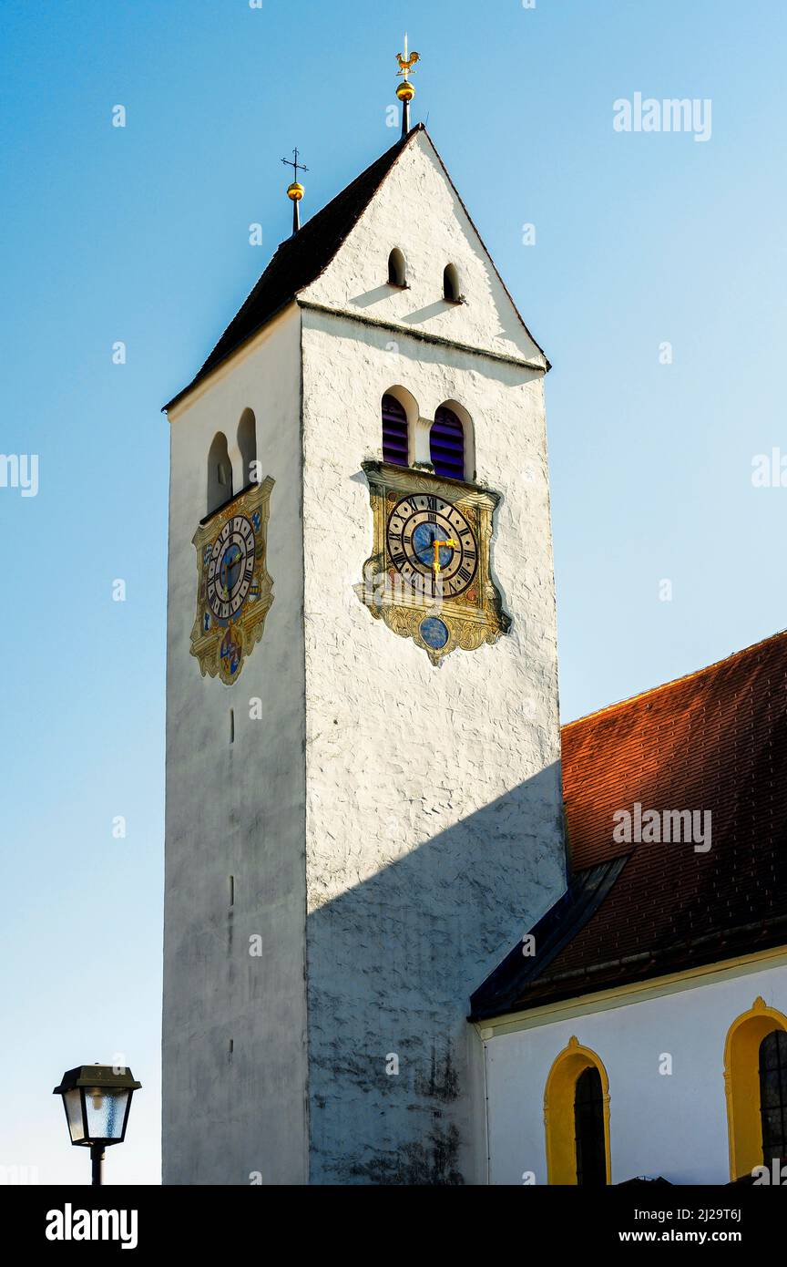 Church tower with clock, St. Afra Catholic Parish Church, Betzigau, Allgaeu, Bavaria, Germany Stock Photo