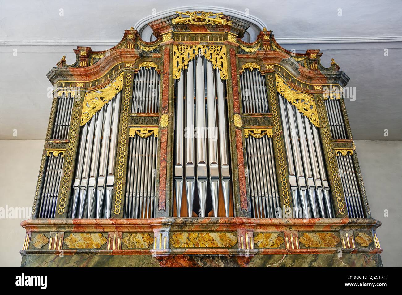 The organ, St. Afra Catholic Parish Church, Betzigau, Allgaeu, Bavaria, Germany Stock Photo