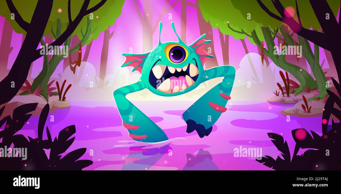 Cute funny monster in forest swamp. Vector cartoon fantasy illustration of magic jungle landscape and fantastic creature, ugly alien animal with teeth and one eye Stock Vector