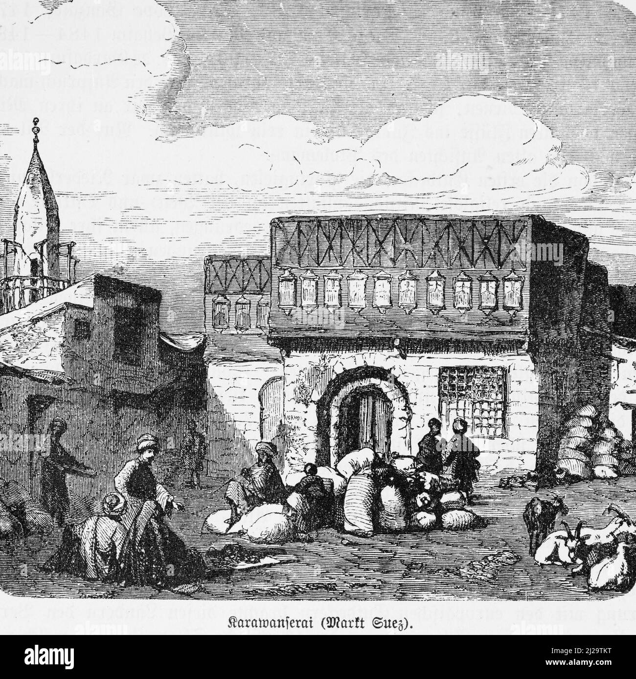 Caravanserai, mosque, marketplace, trade, goats, men, stack, cityscape, historical illustration 1885, Suez, Orient, Egypt Stock Photo