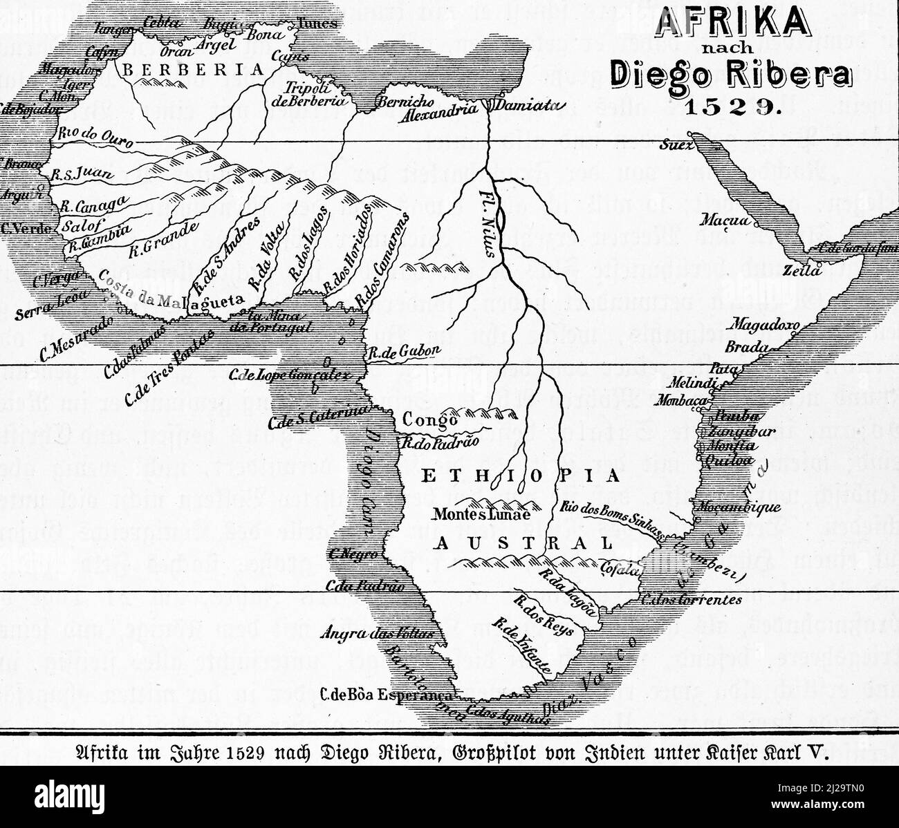 Map Africa 1529, 16th century, Diego Ribera, Red Sea, Atlantic Ocean, Mediterranean Sea, coasts, Nile sources, Tripoli, Atlas Mountains, Senegal Stock Photo