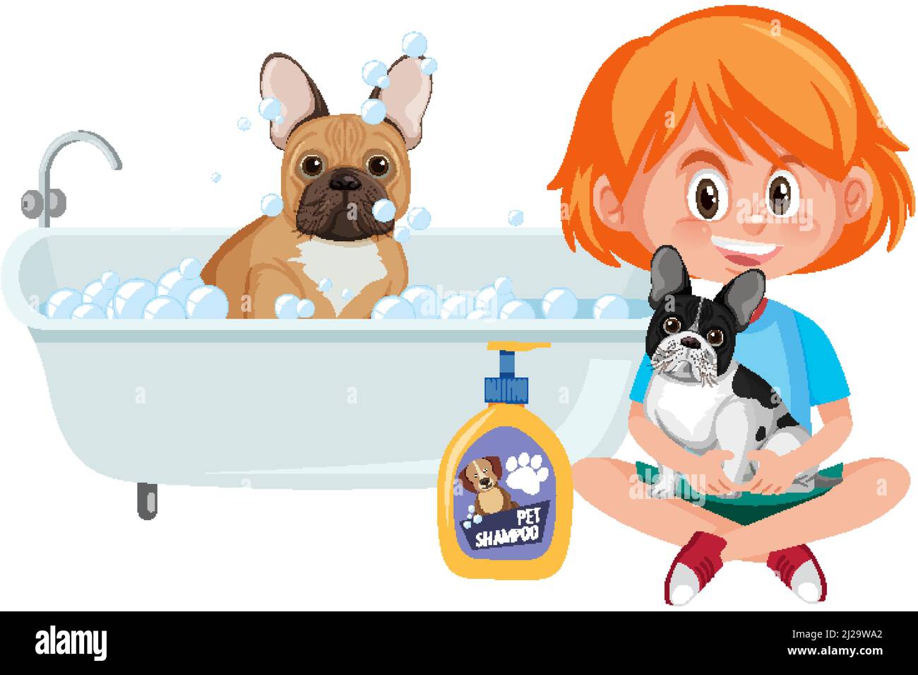 Happy girl washing her french bulldog on white background illustration