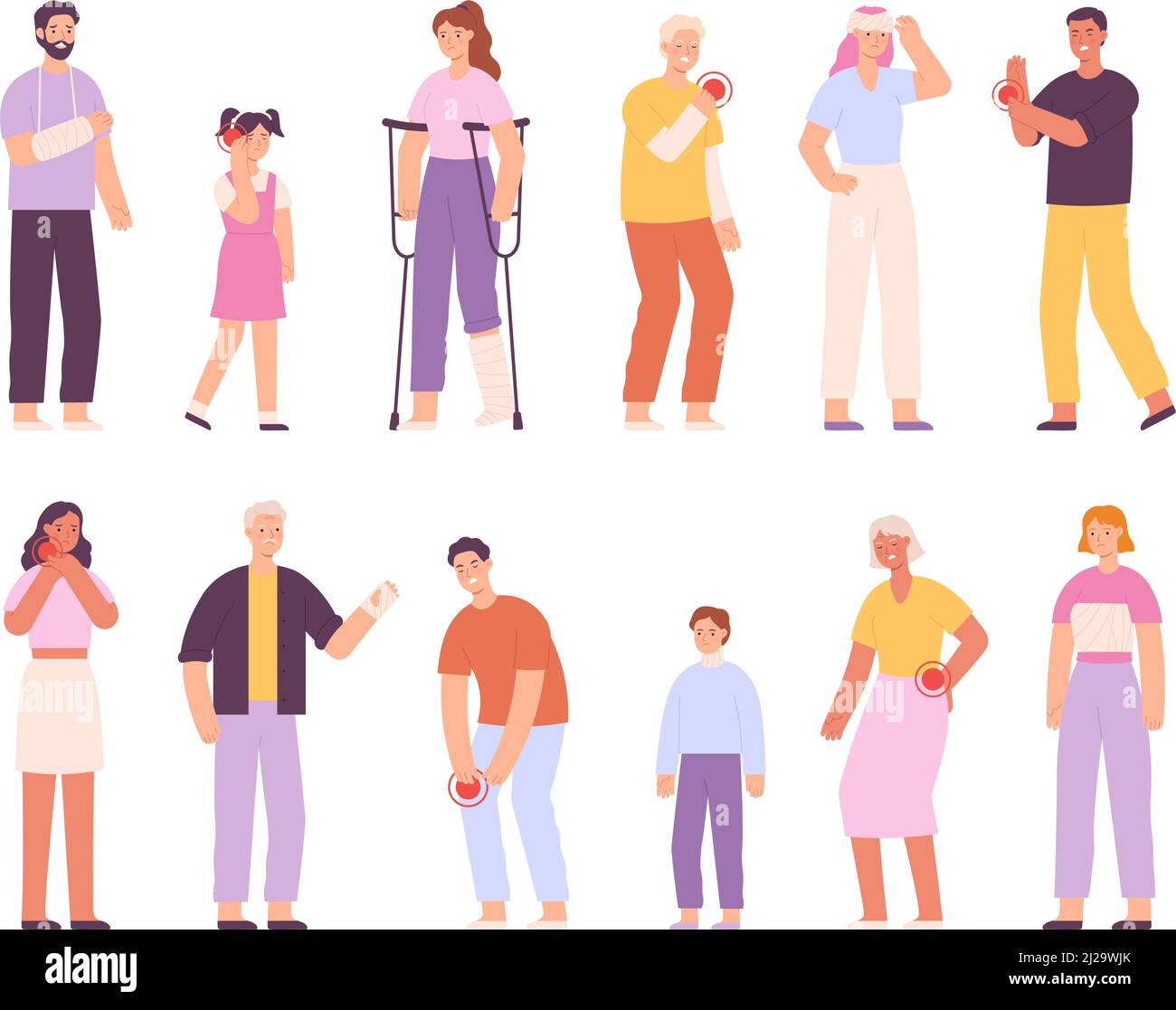 Cartoon people with injury, fracture and plaster bandage on leg or hand. Adults and children after accident with cast and crutch vector set Stock Vector