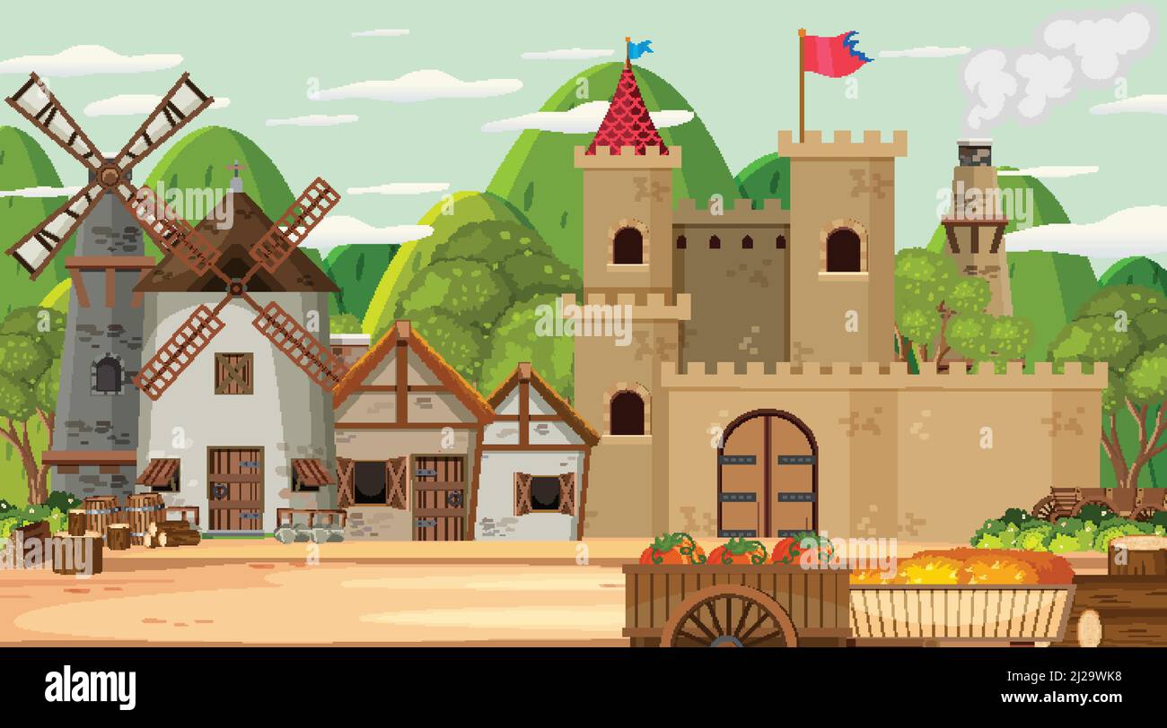 Medieval town scene background illustration Stock Vector Image & Art ...