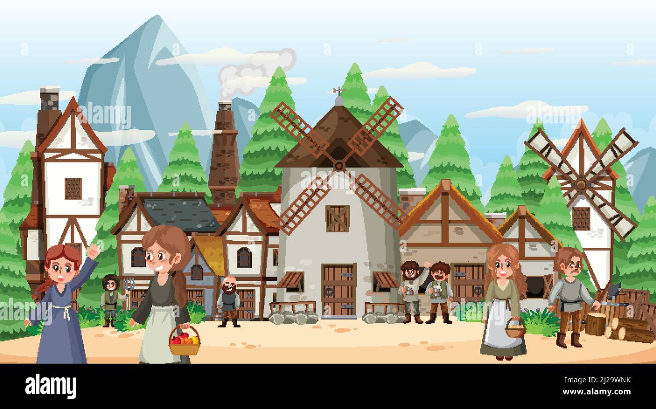 Medieval town scene with villagers illustration Stock Vector Image ...