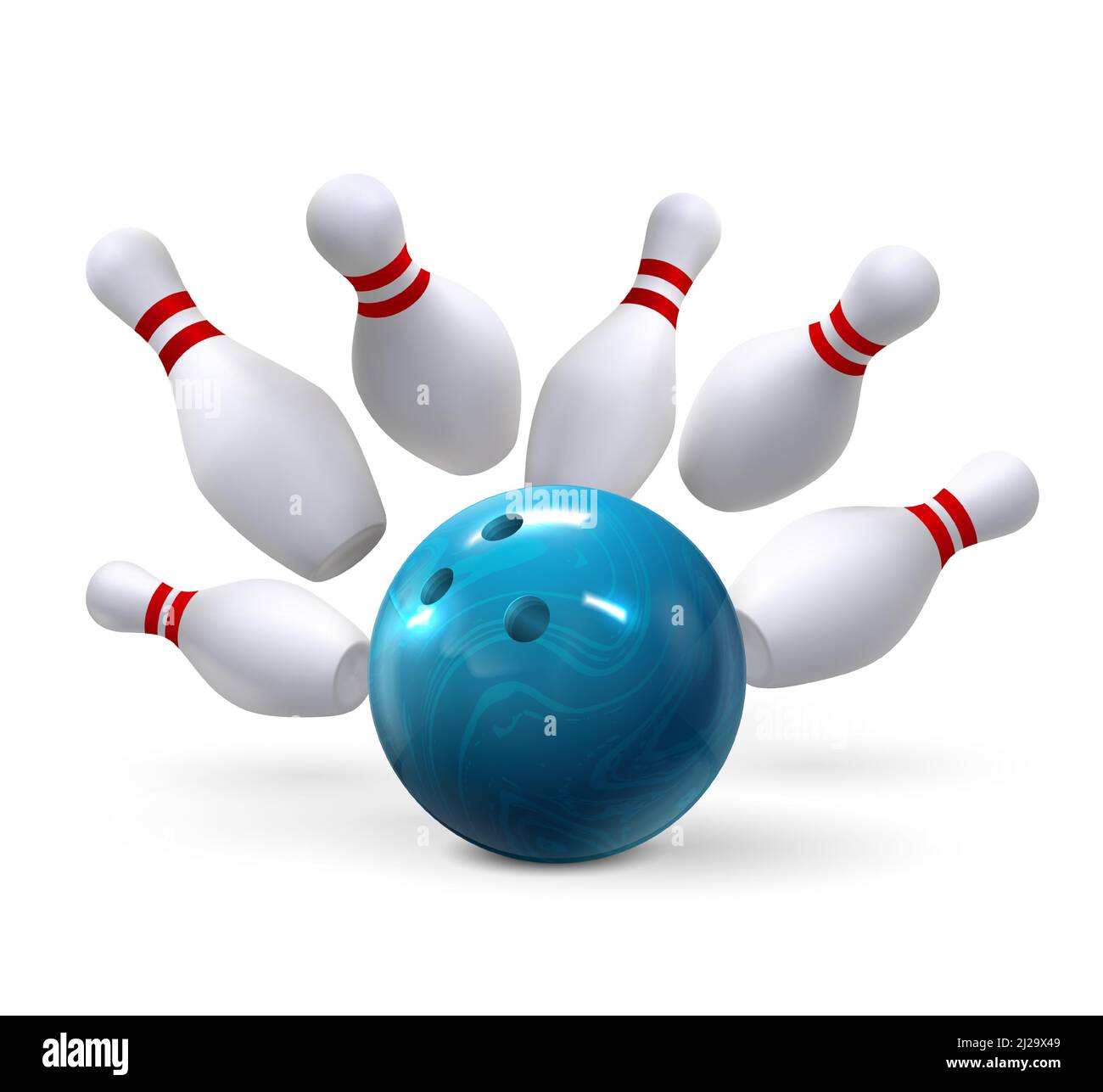 Realistic bowling ball strike hit falling pin skittles. Bowl game sport