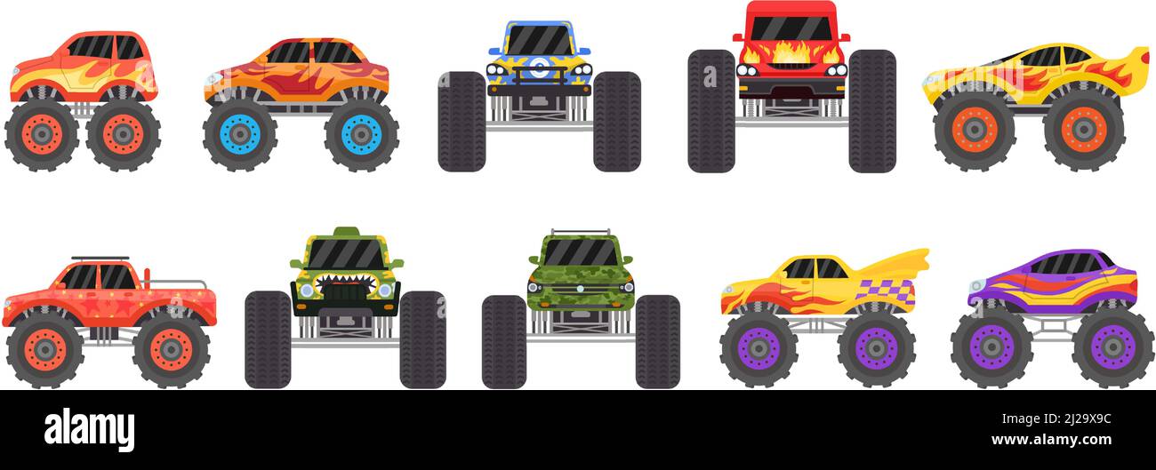 Cartoon monster trucks designs side and front view. Offroad race cars with large wheels and fire. Extreme sport heavy vehicles vector set Stock Vector