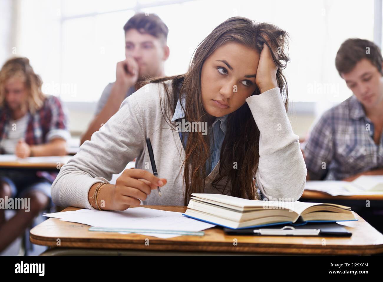How will I handle this course load. An overworked young student sitting with her head in her hands. Stock Photo
