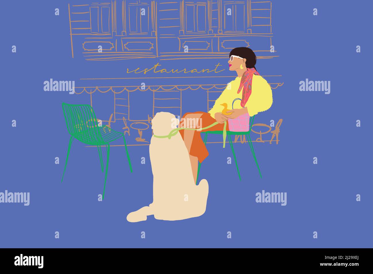 Stylish woman with her dog at cafe on street. Vector illustration Stock Vector