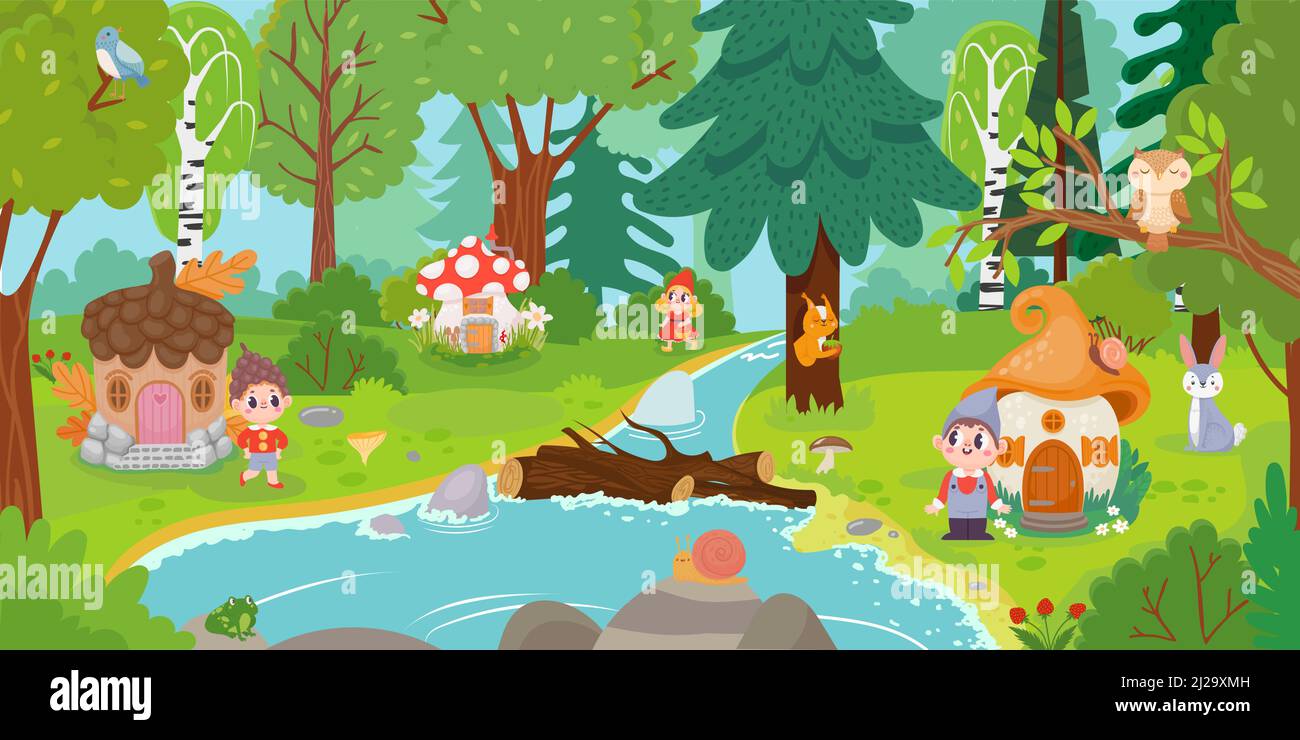 Cartoon elves and gnomes in magic forest Stock Vector