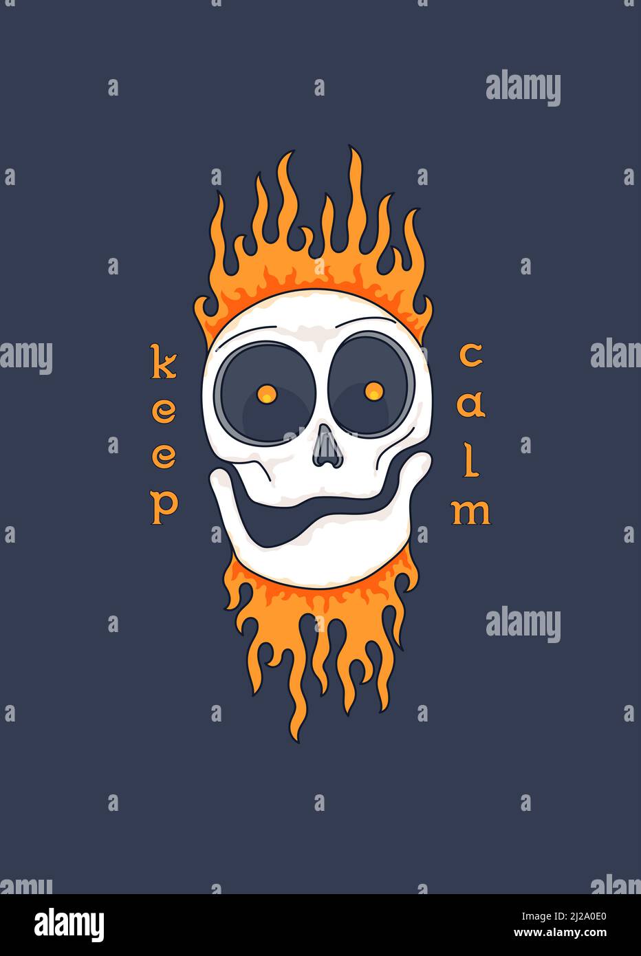 Cheerful cartoon skull on fire with a motivational slogan. Burning skull. Keep calm. Vector graphics Stock Vector