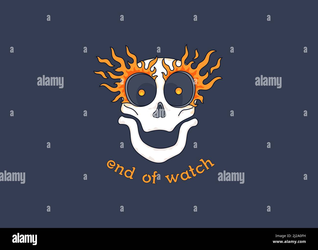 Cheerful cartoon skull on fire with a motivational slogan. Burning skull. End of watch. Vector graphics Stock Vector