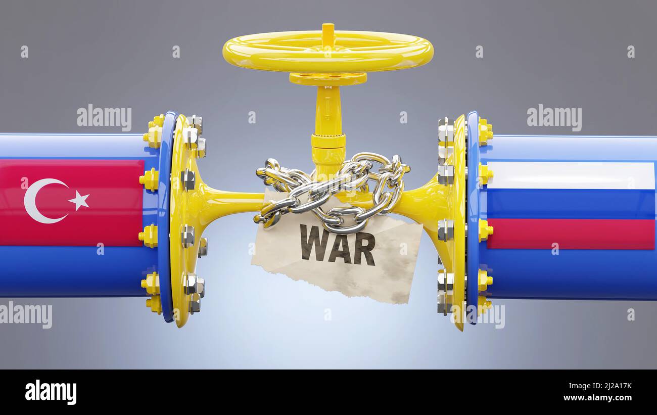 Turkey and Russia oil and gas sanctions, stand-off and war. Squeezed gas pipe symbolizes the LNG embargo, crisis and upcoming price rises., 3d illustr Stock Photo