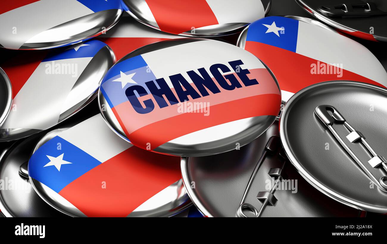 Change in Chile - national flag of Chile on dozens of pinback buttons symbolizing upcoming Change in this country. , 3d illustration Stock Photo