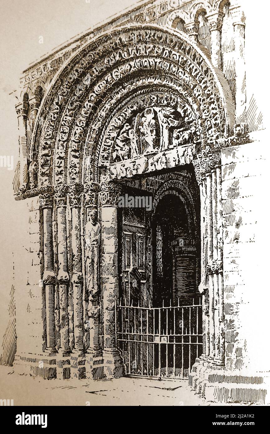 A 19th century image of Rochester Cathedral, UK ,formally the Cathedral Church of Christ and the Blessed Virgin Mary (West Doorway) - Architect  was Gundulf of Rochester Stock Photo