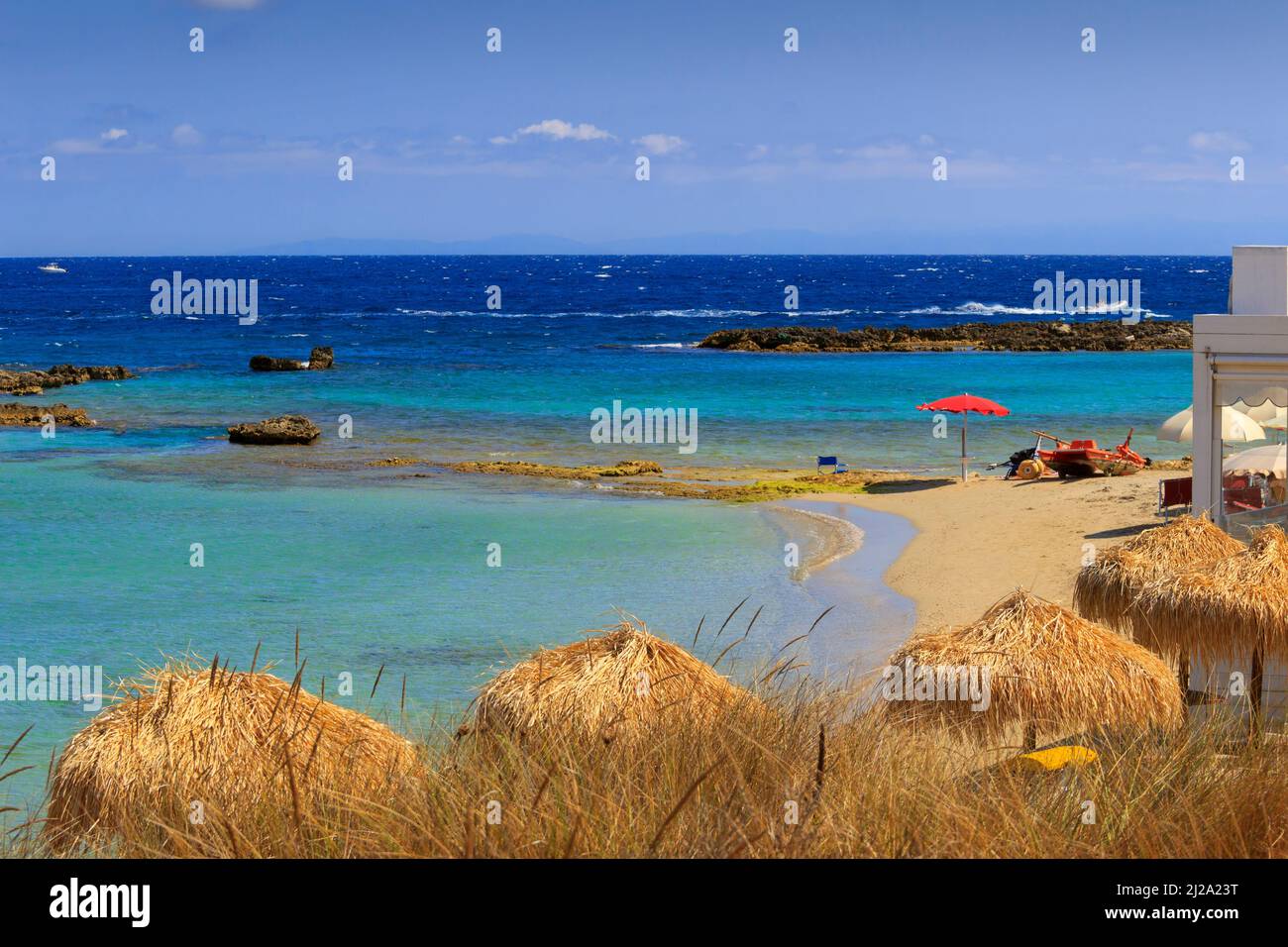 Apulia coast: town beach of Otranto (Italy). Salento is characterized by a alternation of sandy coves and jagged cliffs. Stock Photo