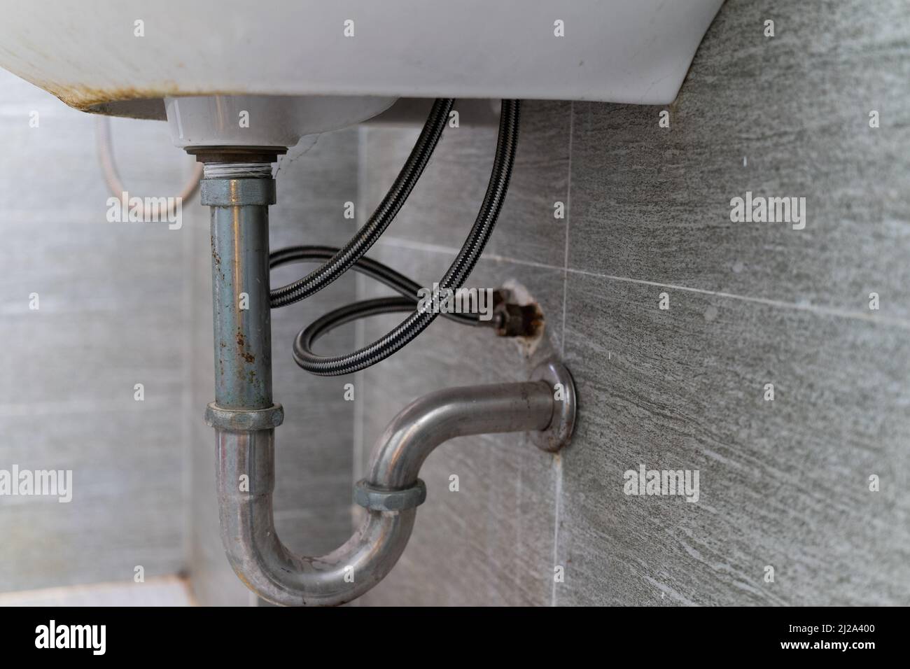 clogged water pipe under sink Stock Photo Alamy