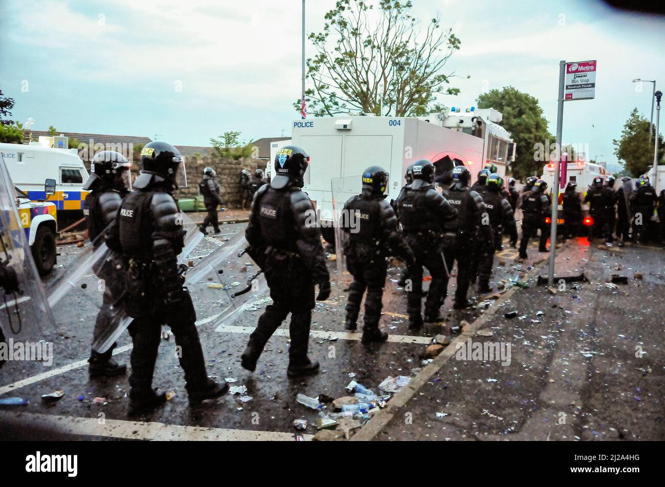 Belfast, Northern Ireland, 12th July 2013 - Loyalists riot on Woodvale Road after not being permitted to parade up the Upper Crumlin Road Stock Photo