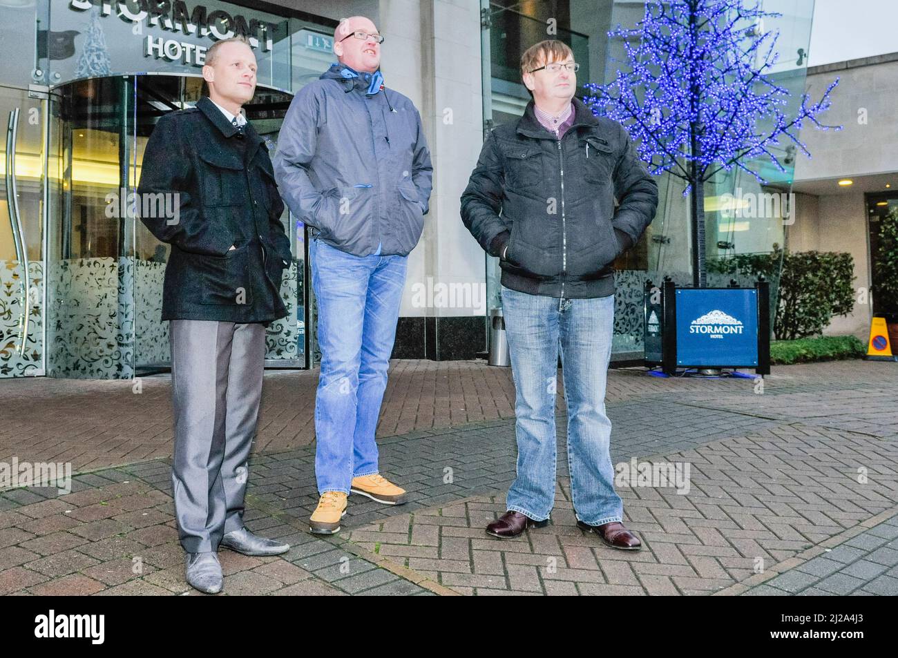 Belfast, Norther Ireland. 28th Dec 2012 - Jamie Bryson, Bill Hill and Willie Frazer from the Protestant Coalition Stock Photo