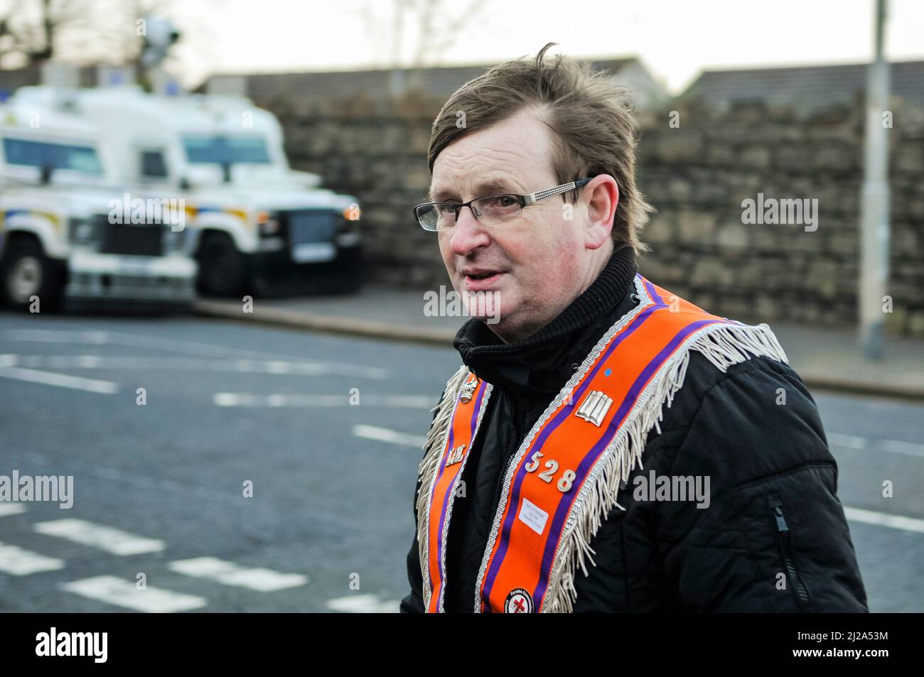 Belfast, Northern Ireland. 07 Apr 2016 - Victims campaigner Willie Frazer joins loyalists as they hold parade a to commemorate 1000 days since Ligoneil Orange Lodges were stopped from returning to their hall on 12th July 2013 Stock Photo