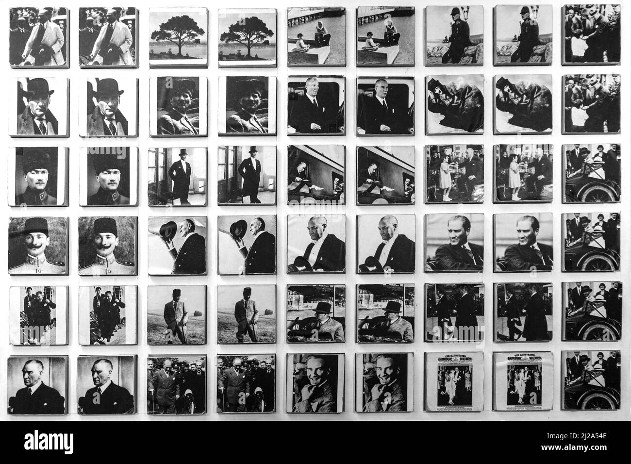 03,15,2022,Greece,A collage of small photographs exhibited in the house where Mustafa Kemal Ataturk was born in Thessaloniki Stock Photo