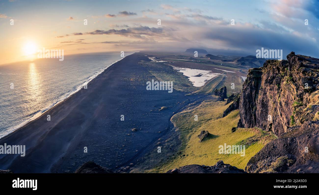 Aeria view of Dyrholaey beach Vik village in Iceland Stock Photo