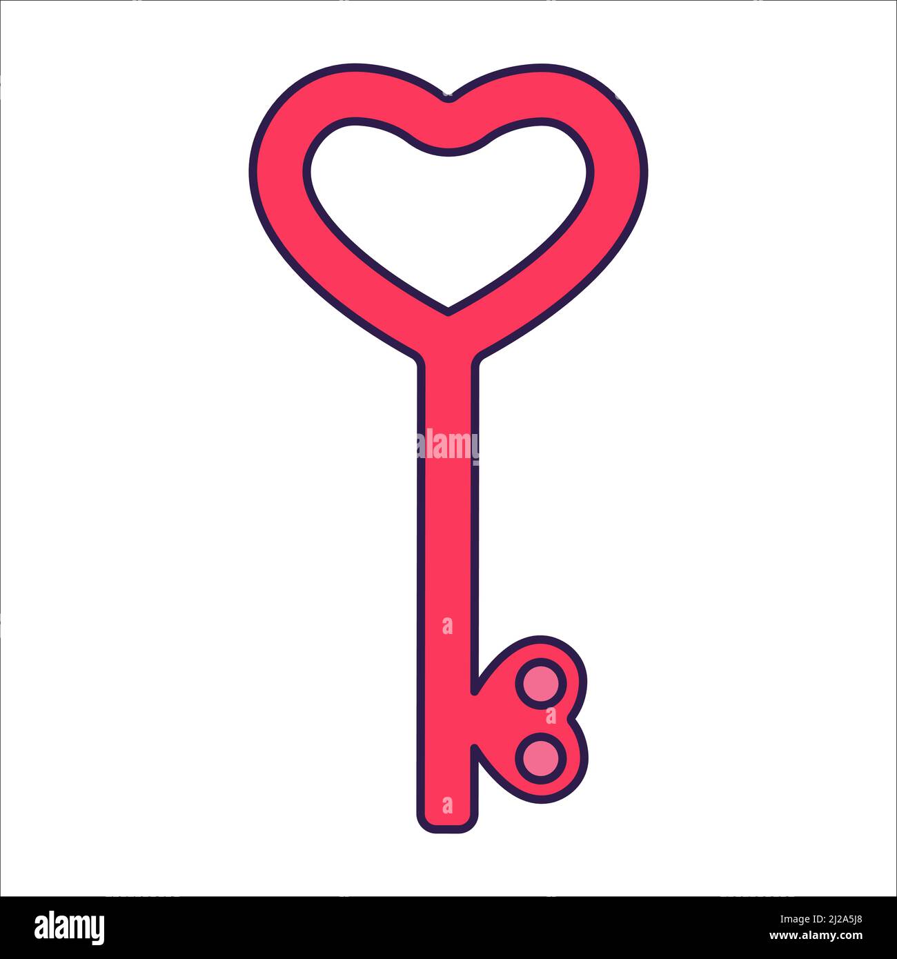 Retro Valentine Day icon key with hearts. Love symbol in the fashionable pop line art style. The cute figure is in soft pink, red, and coral color. Ve Stock Vector
