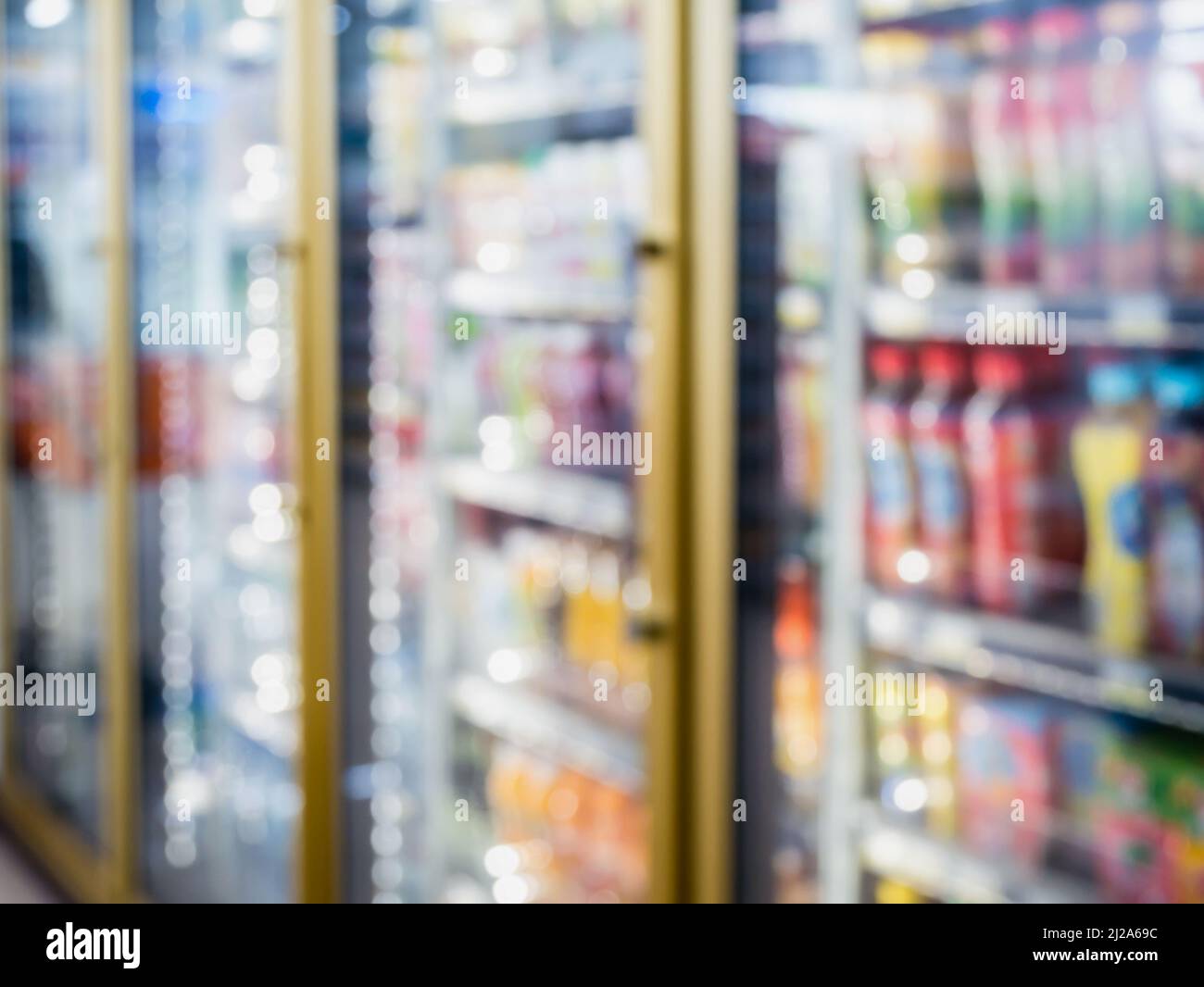 blur bottles of cold drink beverage showing on shelves in the cold