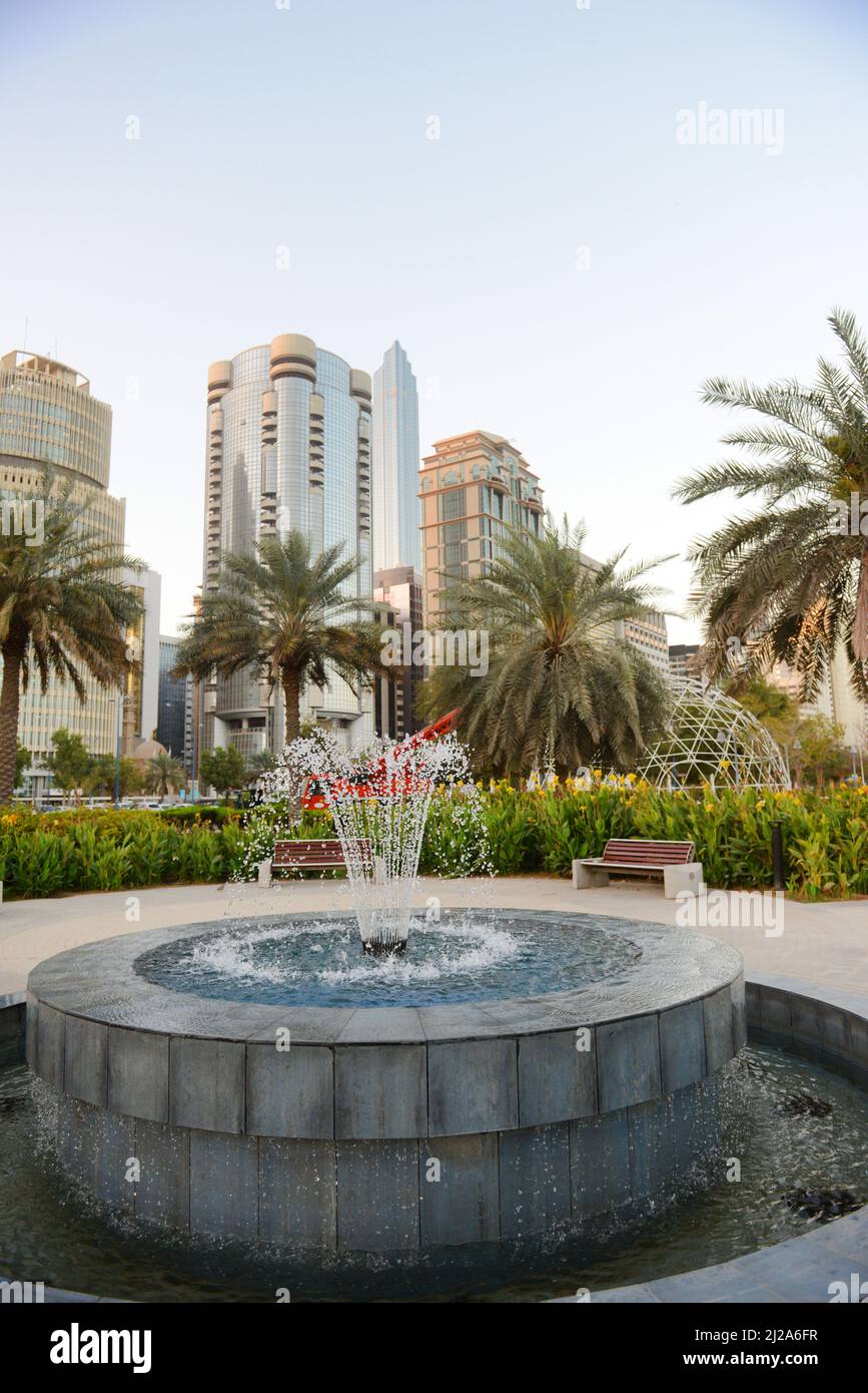 Modern corniche skyline seen from the Lake Park in Abu Dhabi, UAE. Stock Photo
