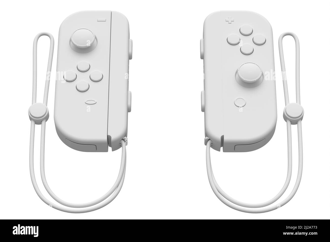 Portable video game controllers on the rope on white monochrome background. 3D render of gamepad for smartphone for online gaming Stock Photo
